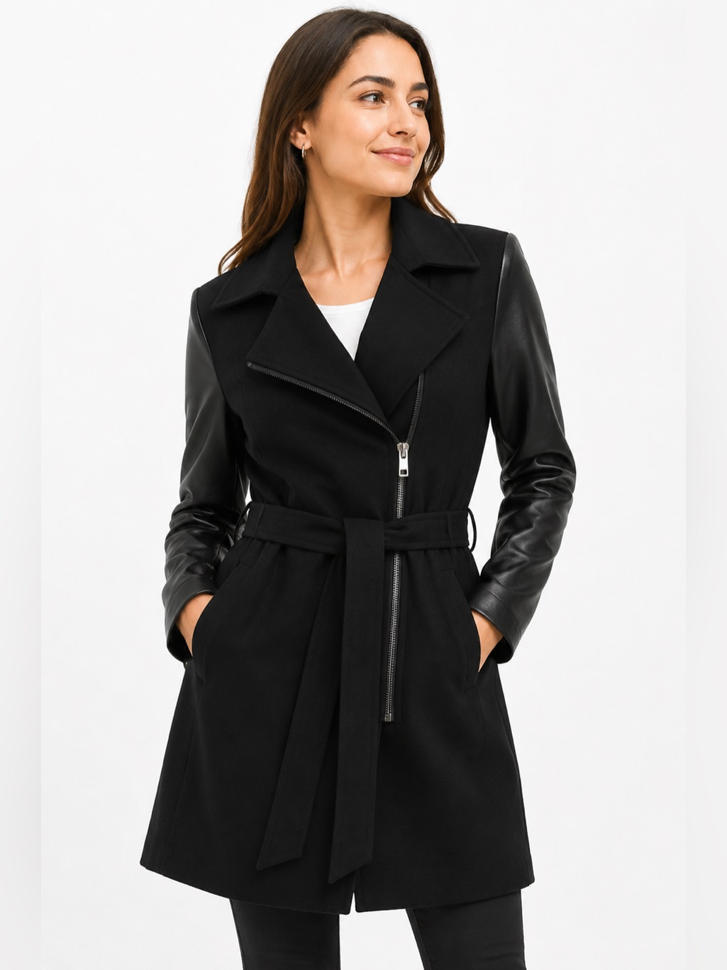 Peck And Peck Faux Leather Sleeve Side Zip Lightweight Coat